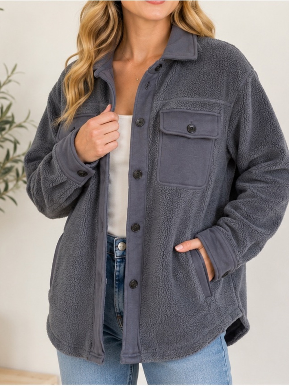 English Factory Gray Sherpa Fleece Button Front Shacket Size Small